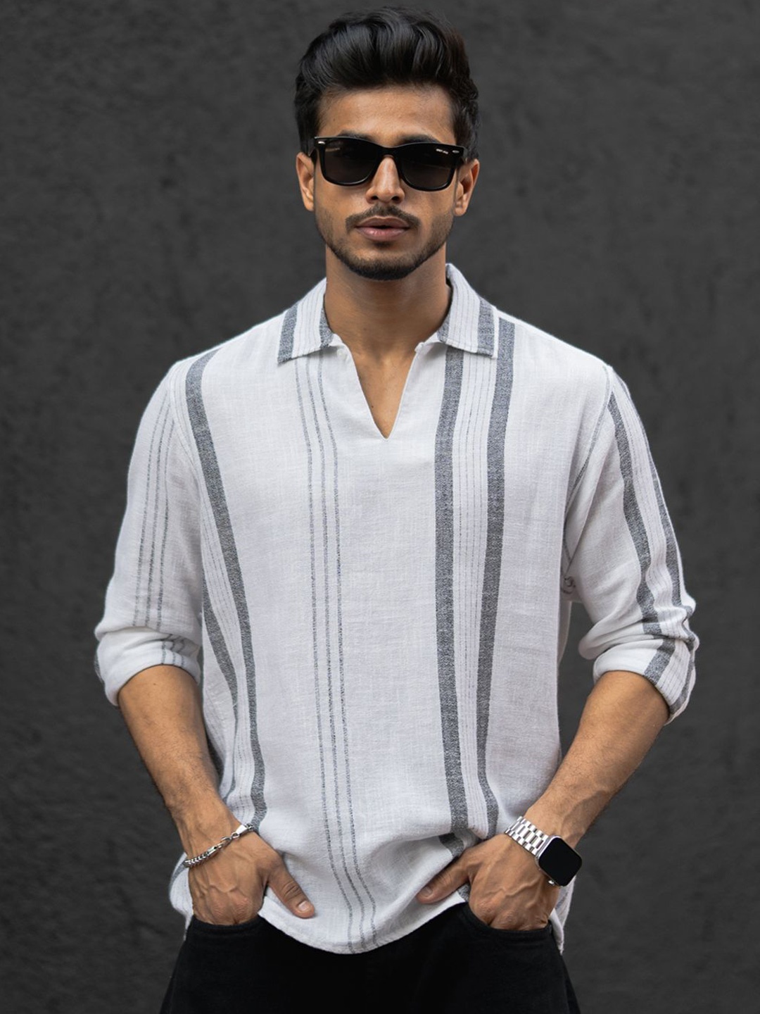 

Powerlook Men Opaque Striped Casual Shirt, White