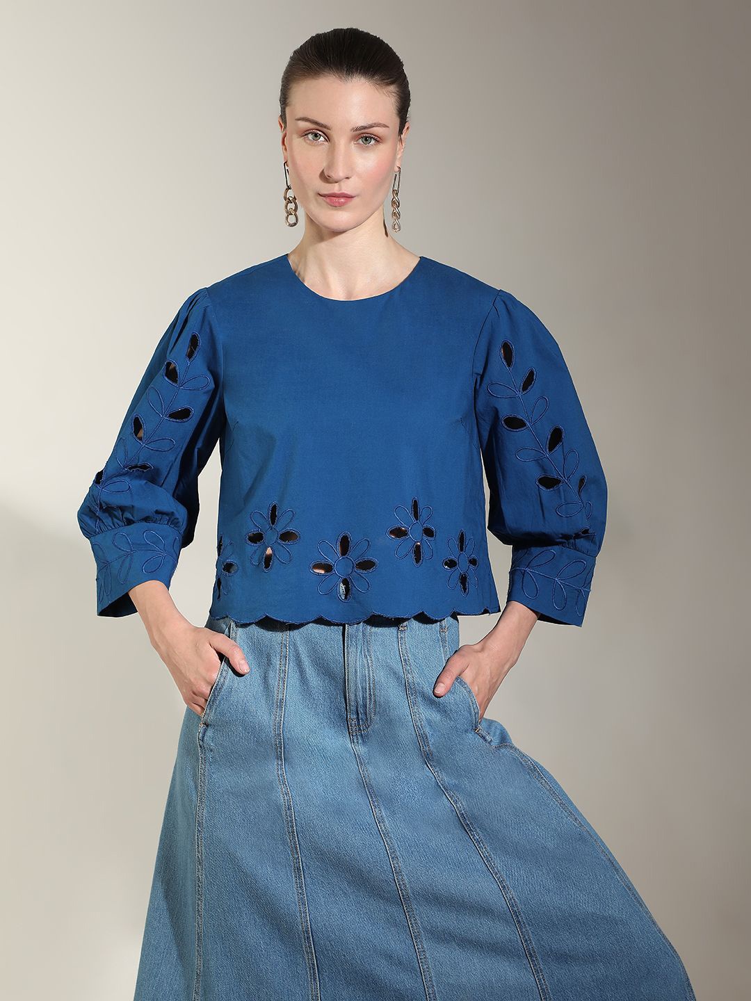 

Vero Moda Women Floral Embroidered Cotton Top, Blue