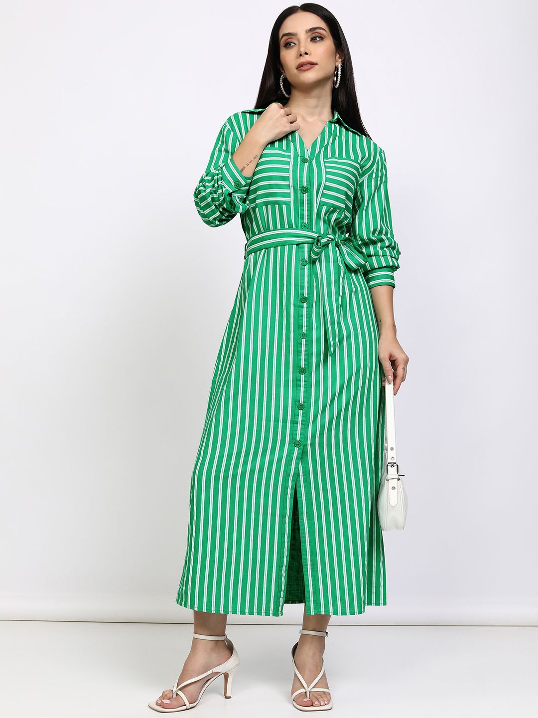 

Tokyo Talkies Women Cotton Striped Shirt Collar Tie-Ups Maxi Dress, Green