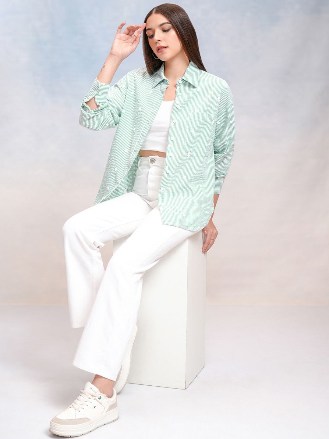 

Tokyo Talkies Women Opaque Striped Casual Shirt, Green