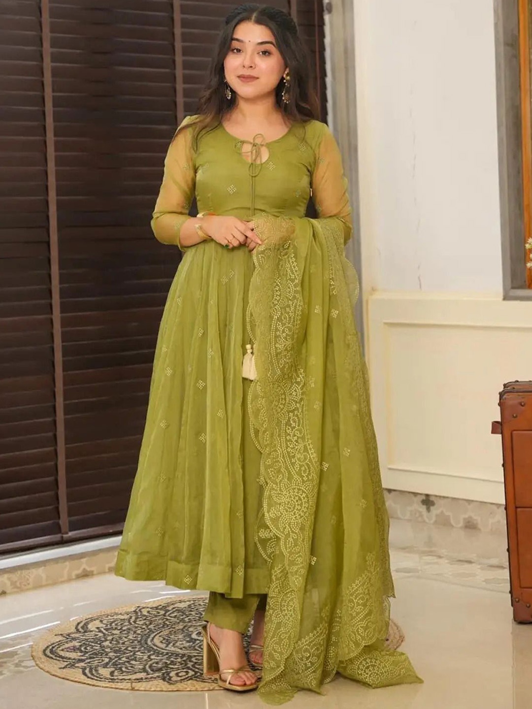 

Jayalakshmi Silks Women Ethnic Motifs Embroidered Angrakha Thread Work Kurta with Trousers & With Dupatta, Green