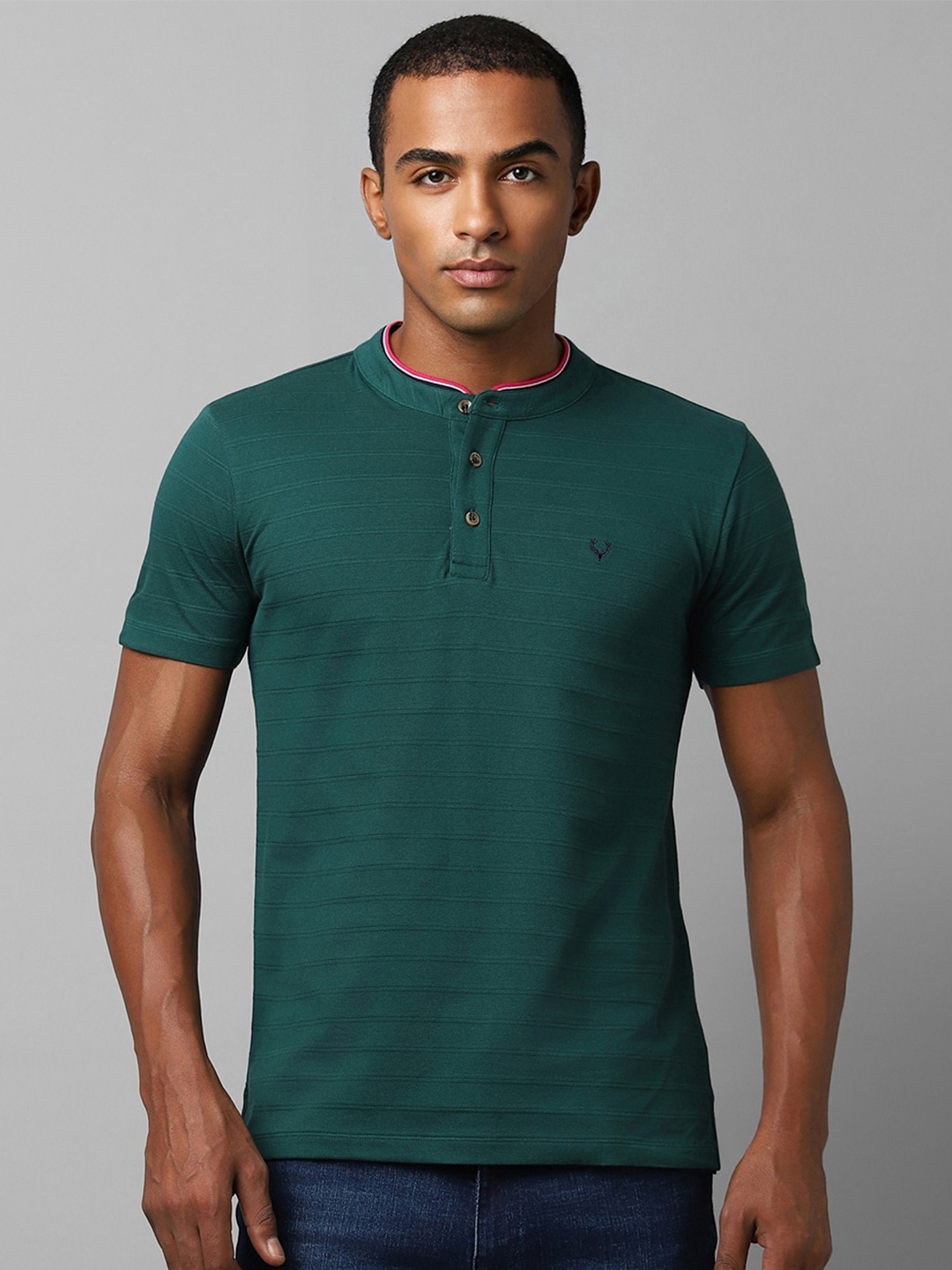 

Allen Solly Striped Band Collar Slim Fit Pure Cotton T-shirt, Green