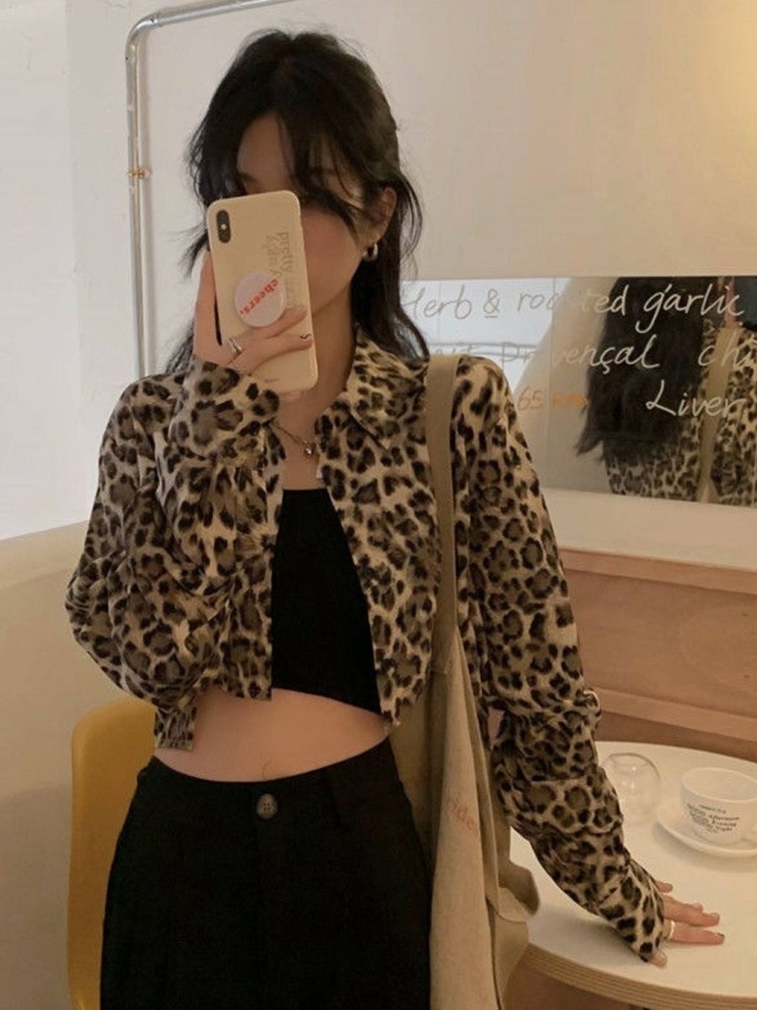 

HERE&NOW Women Shirt Collar Animal Print Crop Top, Brown