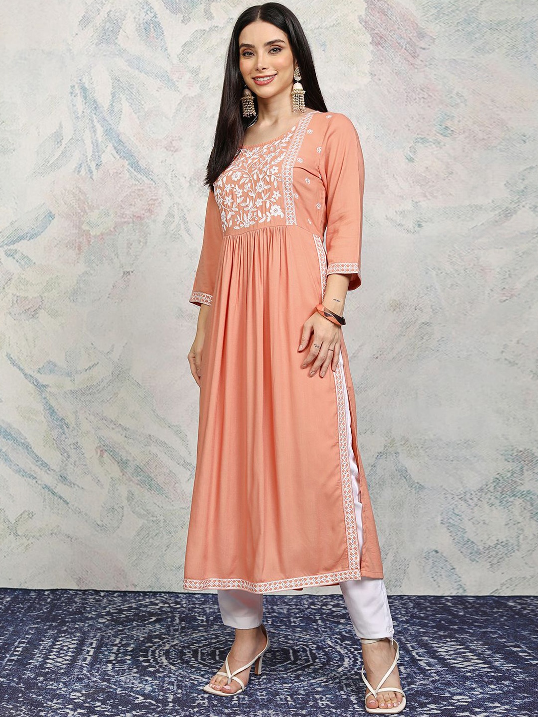 

Vishudh Women Embroidered Sequinned Anarkali Kurta, Coral