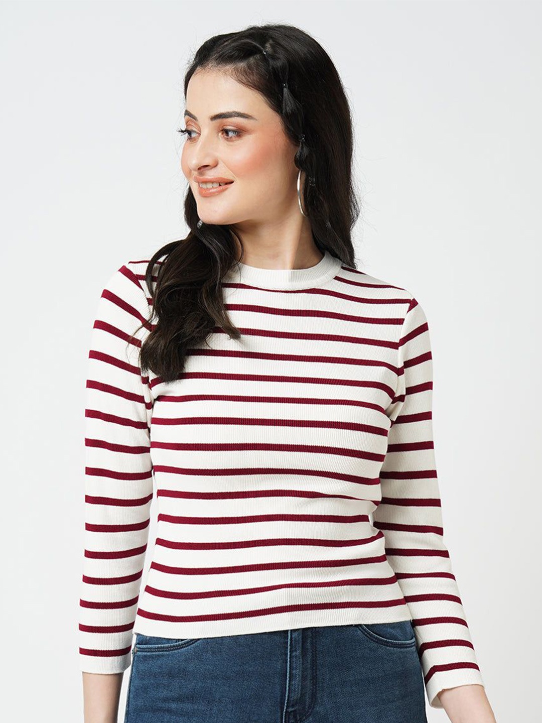 

Kraus Jeans Women Horizontal Stripes Casual Top, White