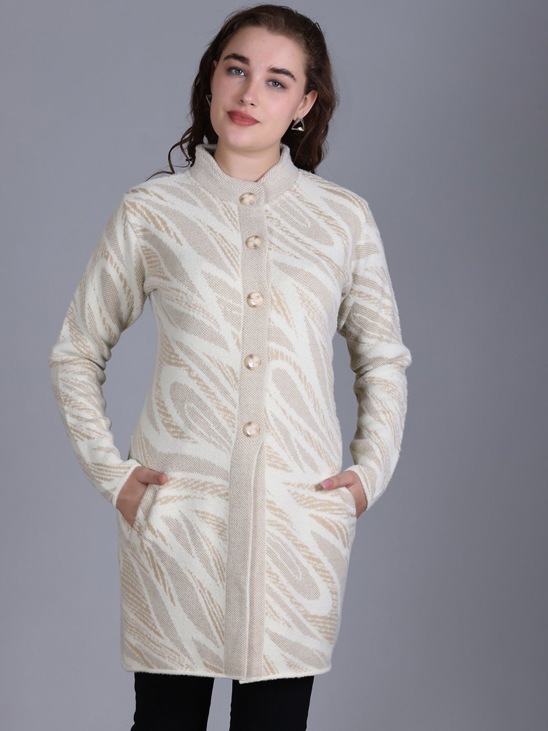 

MONTREX Women Self Design Single-Breasted Winter Overcoat, Beige