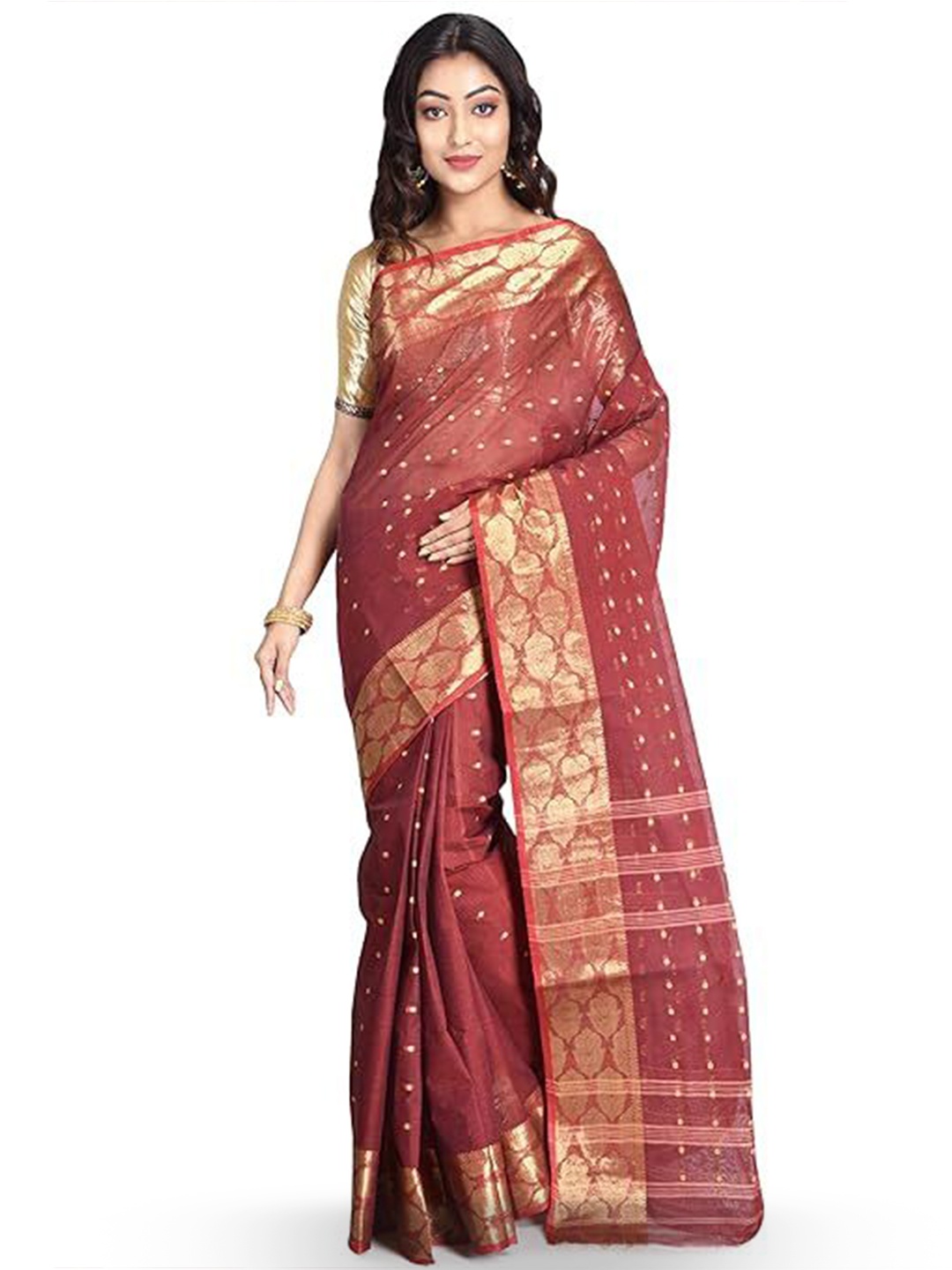 

RAJ SAREE HOUSE Woven Design Zari Pure Cotton Taant Saree, Maroon