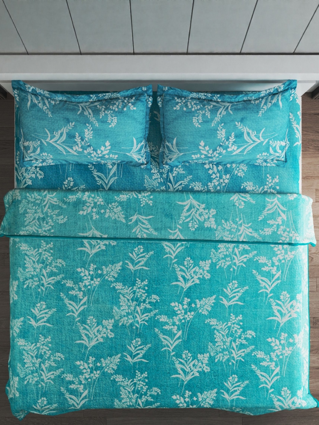 

Home Centre Adiva Fern Teal Blue & White Ethnic Motifs Printed 164 TC King Bedding Set