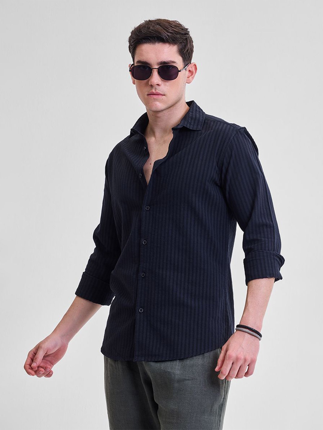 

Snitch Men Smart Slim Fit Opaque Striped Casual Shirt, Blue