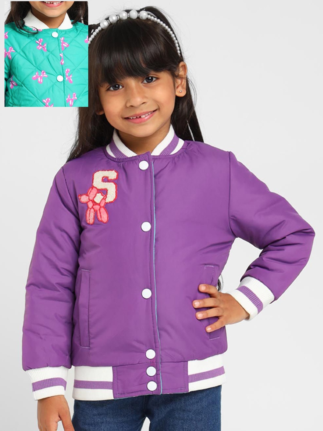 

Somersault Girls Cotton Reversible Padded Jacket with Patchwork, Multi