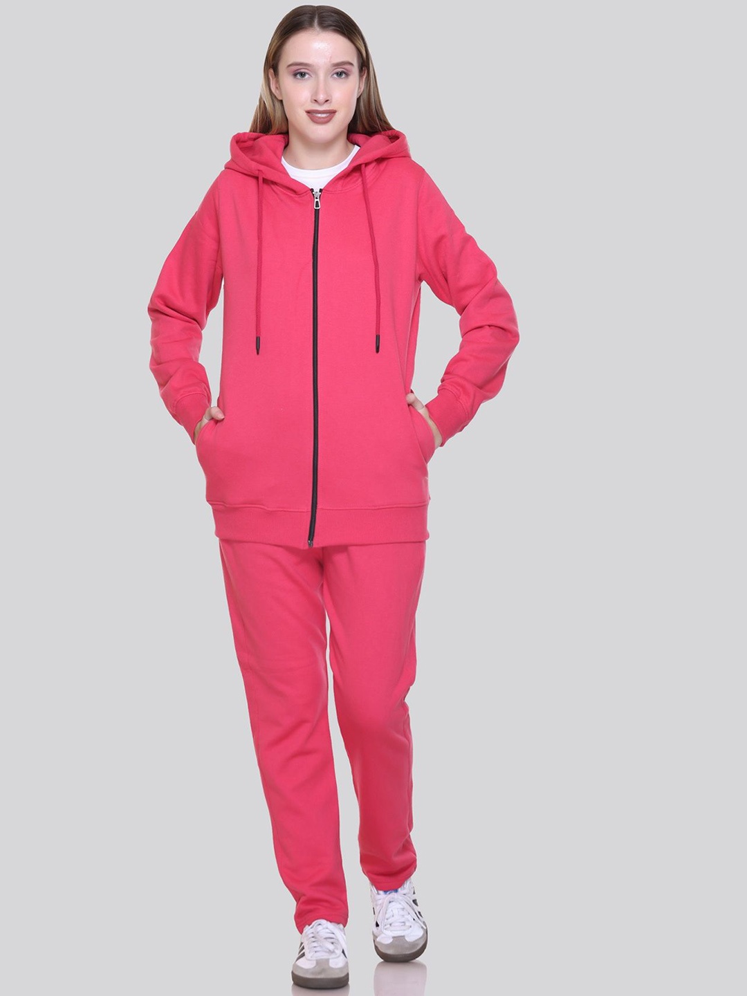 

ELPIDA Women Mid Rise Zippered hooded Tracksuit, Pink