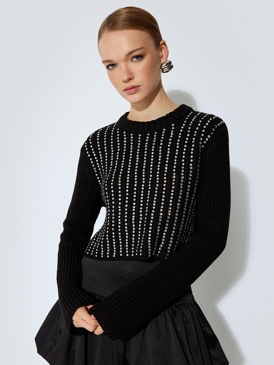 

Koton Women Round Neck Embellished Pullover Sweaters, Black