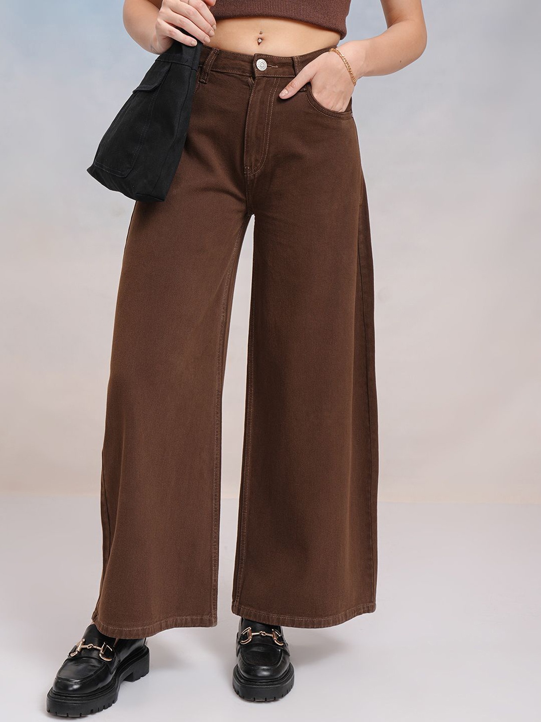 

Street By Tokyo Talkies Women Wide Leg Mid-Rise Cotton Jeans, Brown