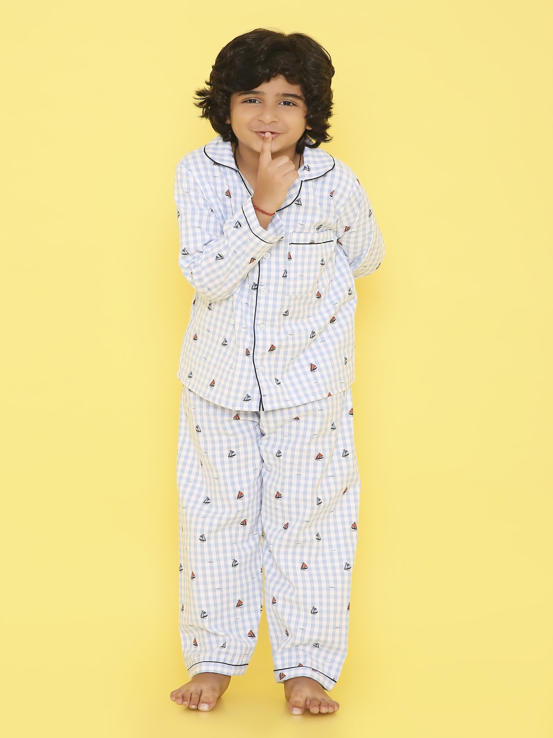 

Knitting Doodles Kids Checked Pure cotton Night suit, Blue