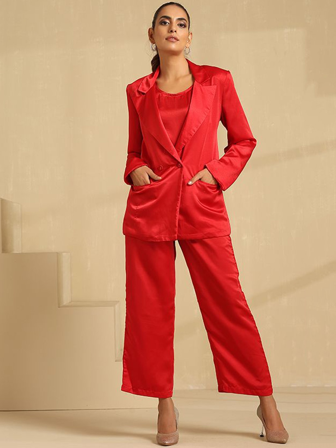

indy Raaga Round Neck Top with Trouser and Blazer, Red
