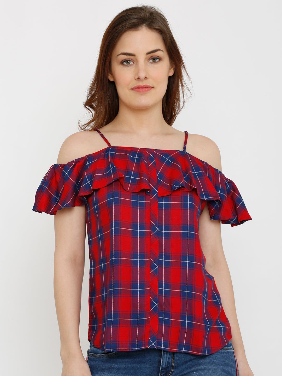 

Kraus Jeans Women Checked Off-Shoulder Cold-Shoulder Bardot Top, Red