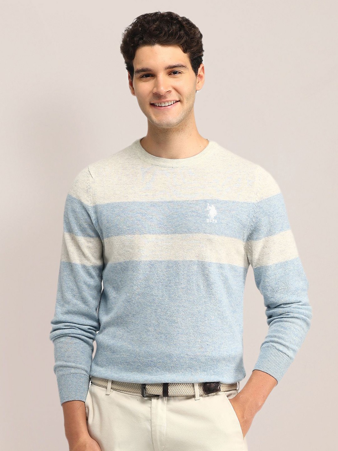

U.S. Polo Assn. Men Colourblocked Woollen Pullover, White