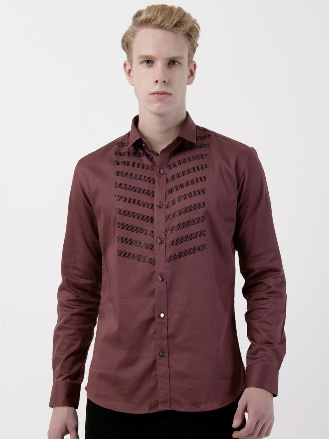 

Albion By CnM Men Spread Collar Horizontal Striped Cotton Casual Shirt, Brown