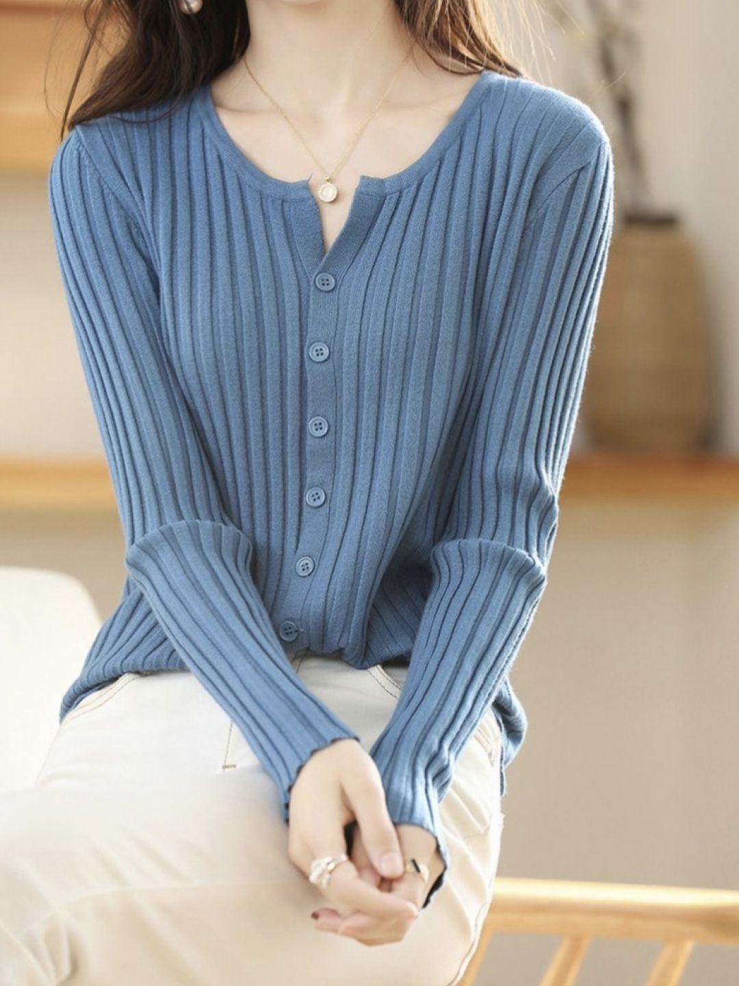 

KPOP Women Ribbed Round Neck Long Sleeves Top, Blue
