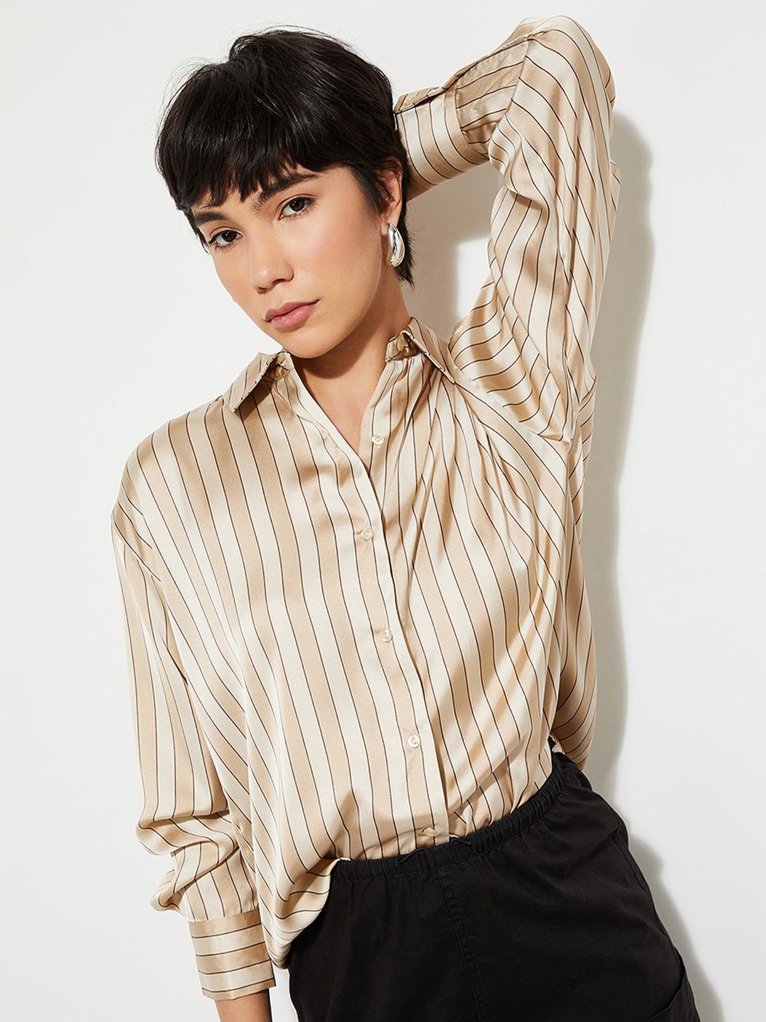 

Max URB_N Women Oversized Striped Satin Shirt, Yellow