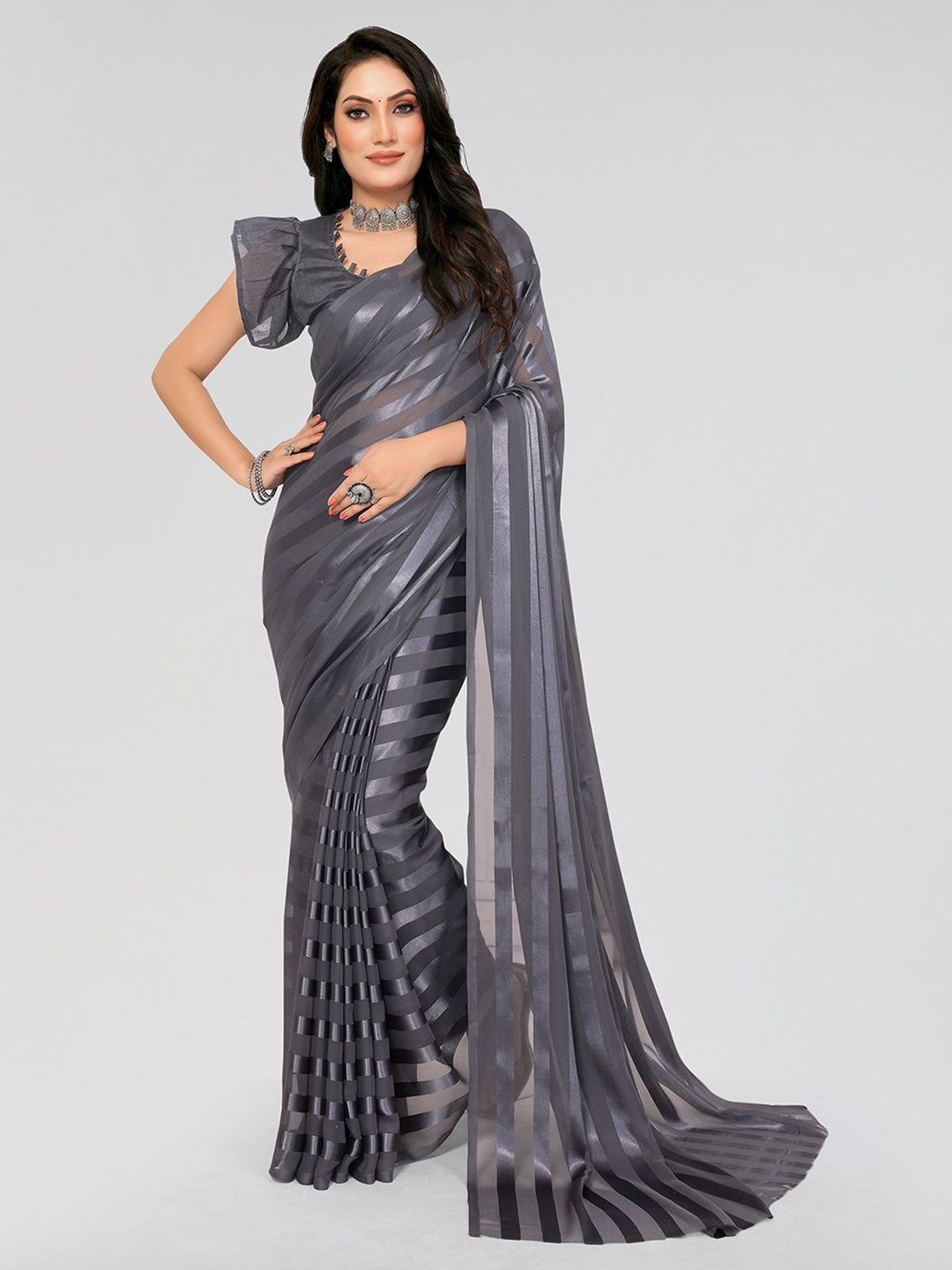 

Moda Rapido Striped Saree With Blouse Piece, Grey