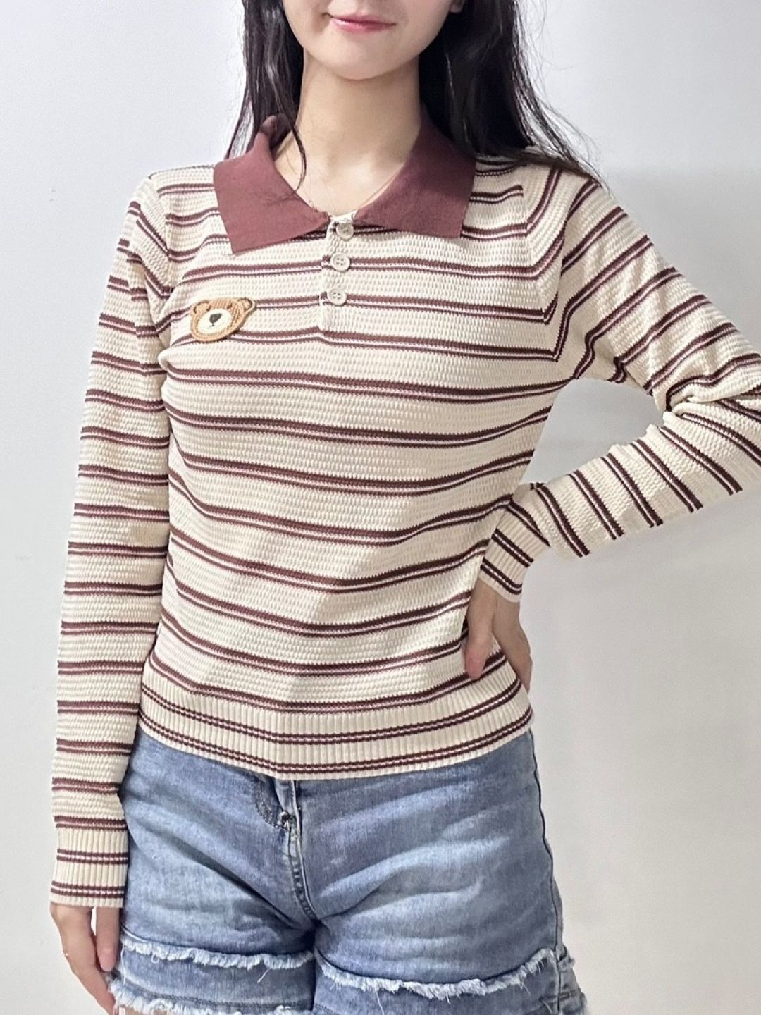 

KPOP Women Shirt Collar Striped Extended Sleeves Top, Brown