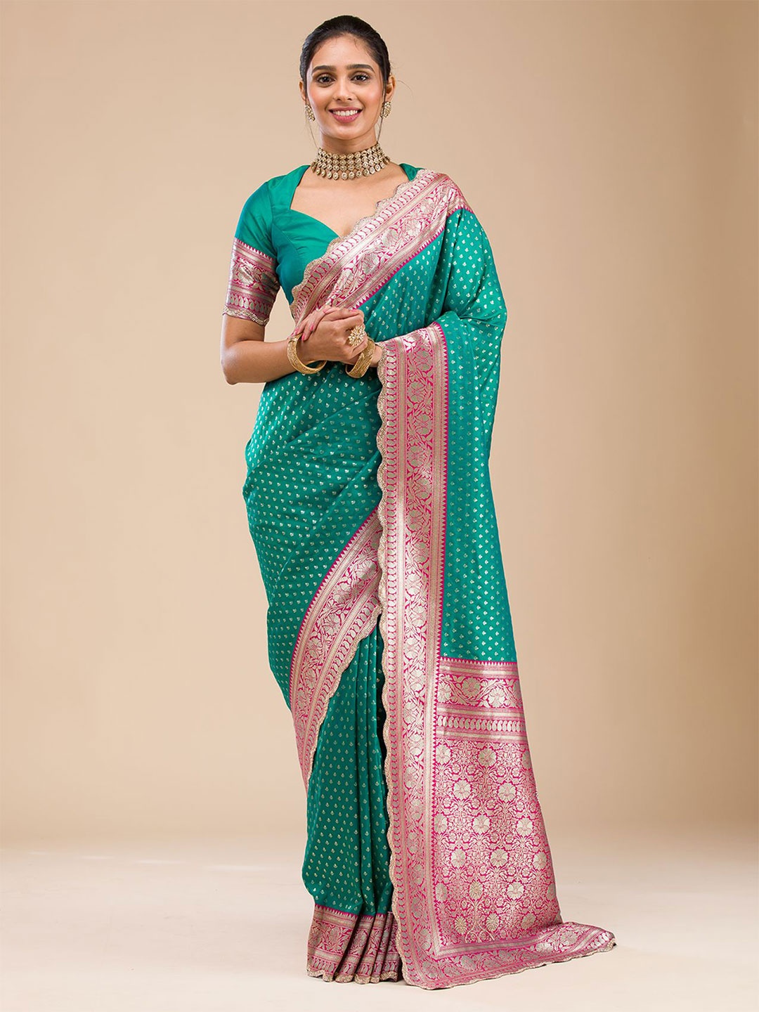 

Koskii Woven Design Beads and Stones Art Silk Saree, Green