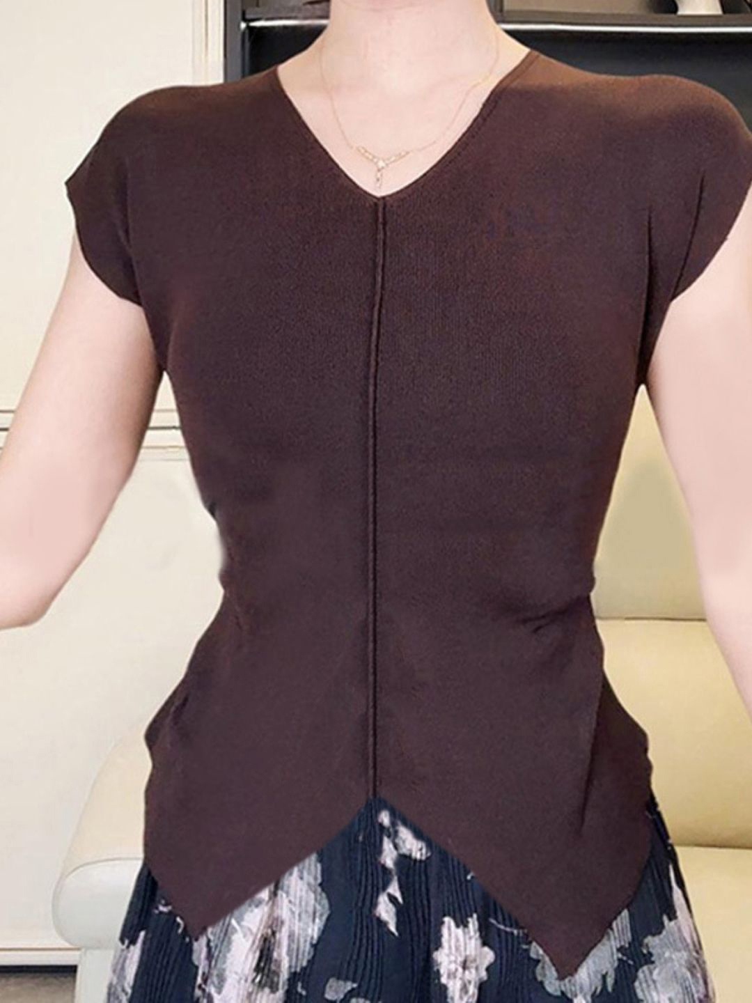 

KPOP V-Neck Short Sleeves Solid Top, Coffee brown