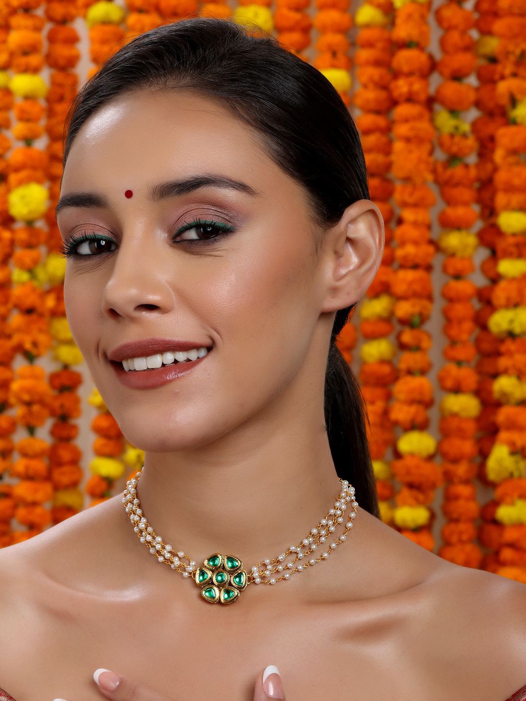 

Ruby Raang Gold-Plated Kundan Studded & Pearl Beaded Choker Necklace