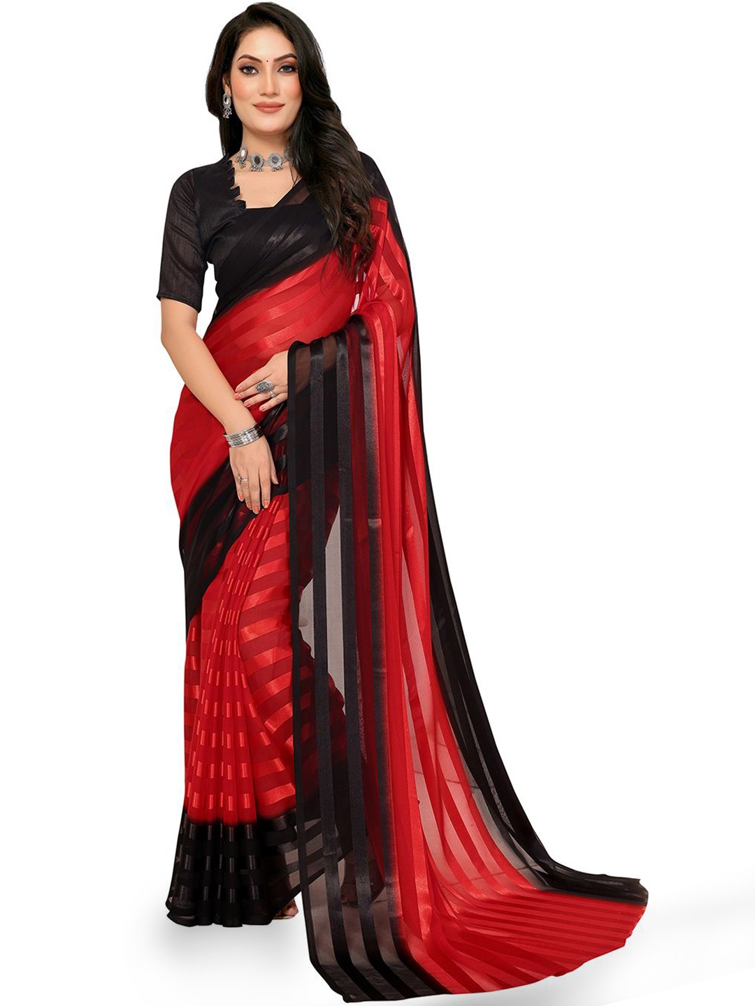 

Moda Rapido Striped Satin Saree With Unstitched Blouse Piece, Red