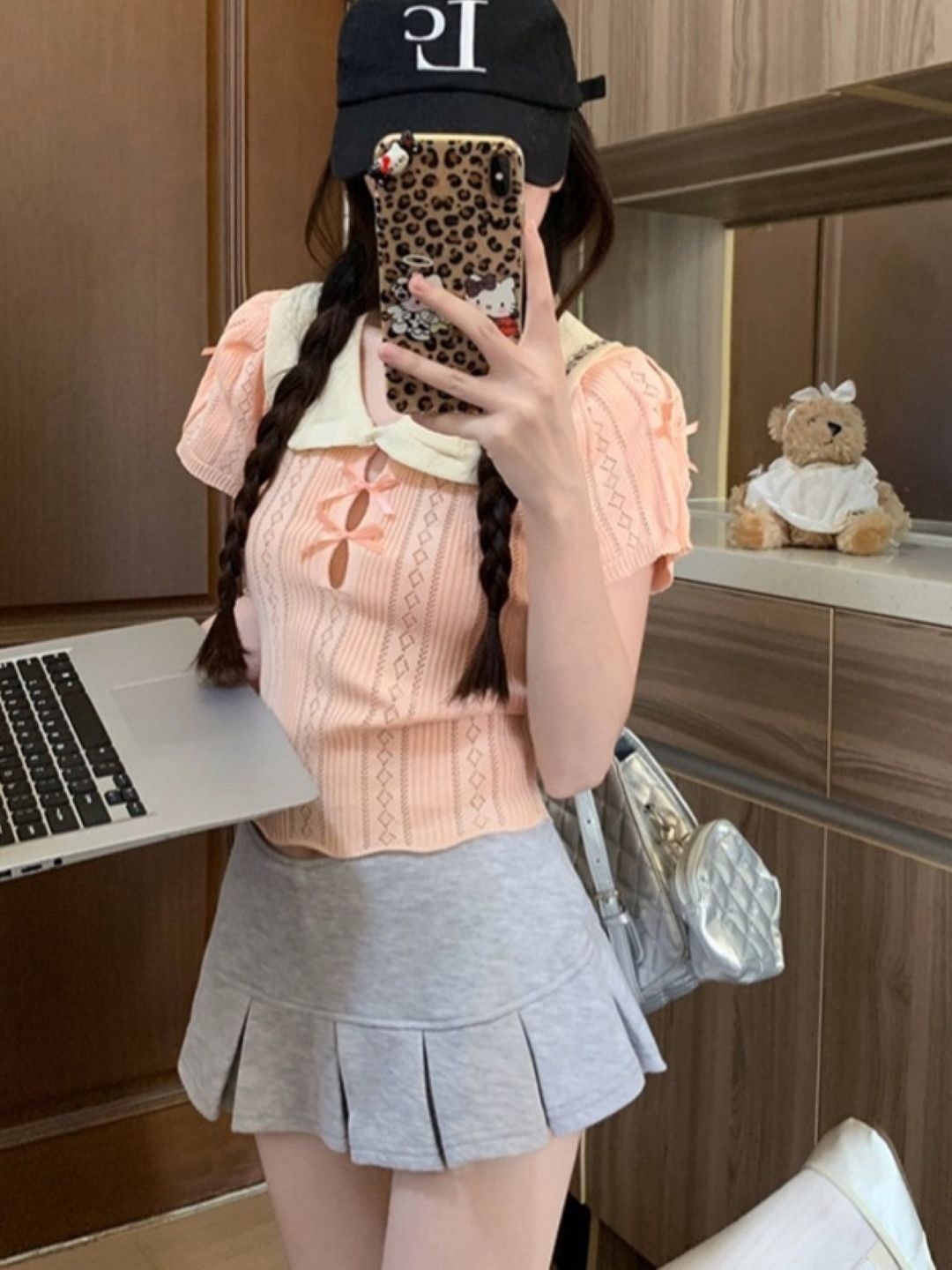 

KPOP Women Self Design Above the Keyboard Collar Short Sleeves Top, Pink