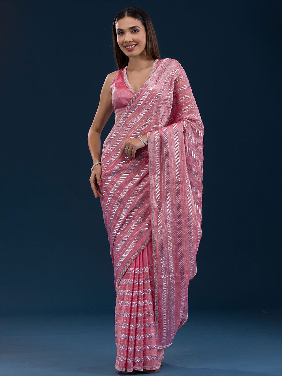 

Koskii Embellished Sequinned Saree, Pink