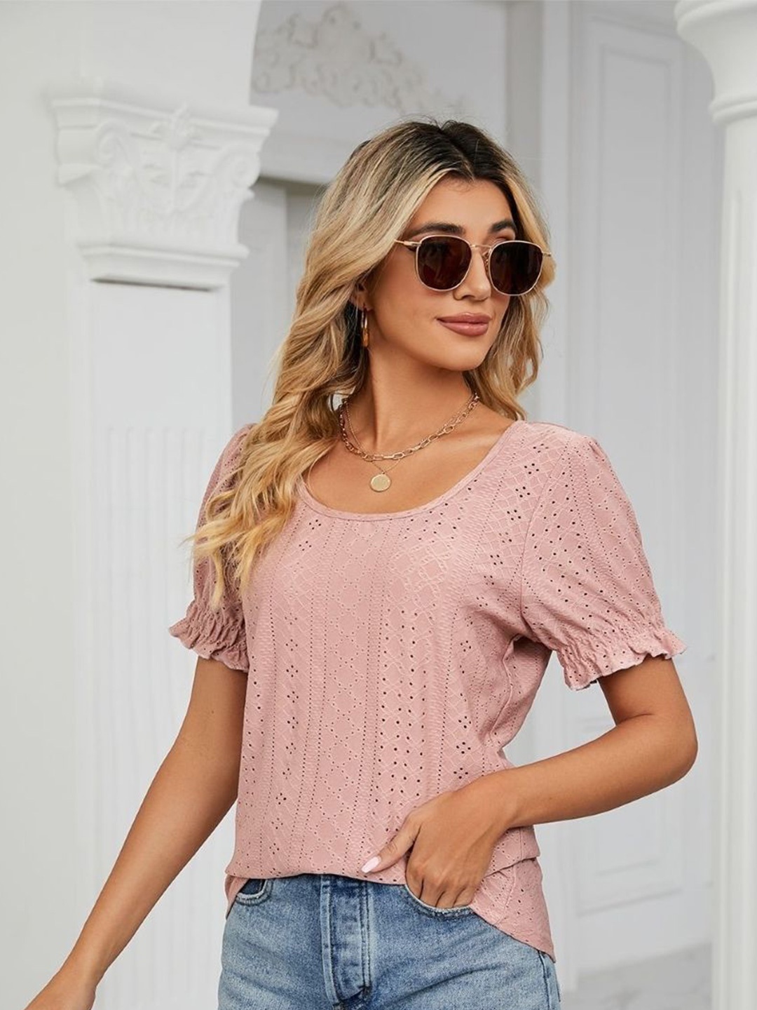 

KPOP Women Round Neck Self Design Top, Pink