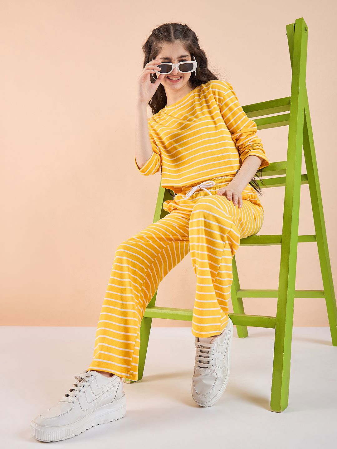 

Stylo Bug Girls Striped Pure Cotton T-shirt with Trousers, Yellow
