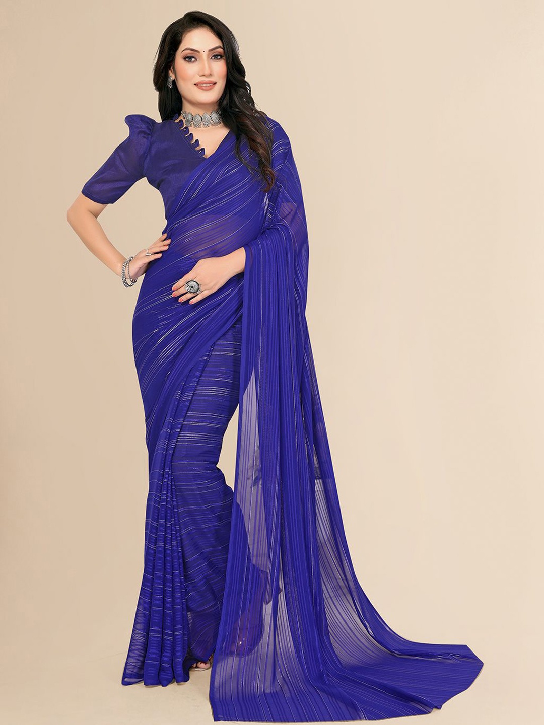 

Moda Rapido Striped Satin Saree, Blue