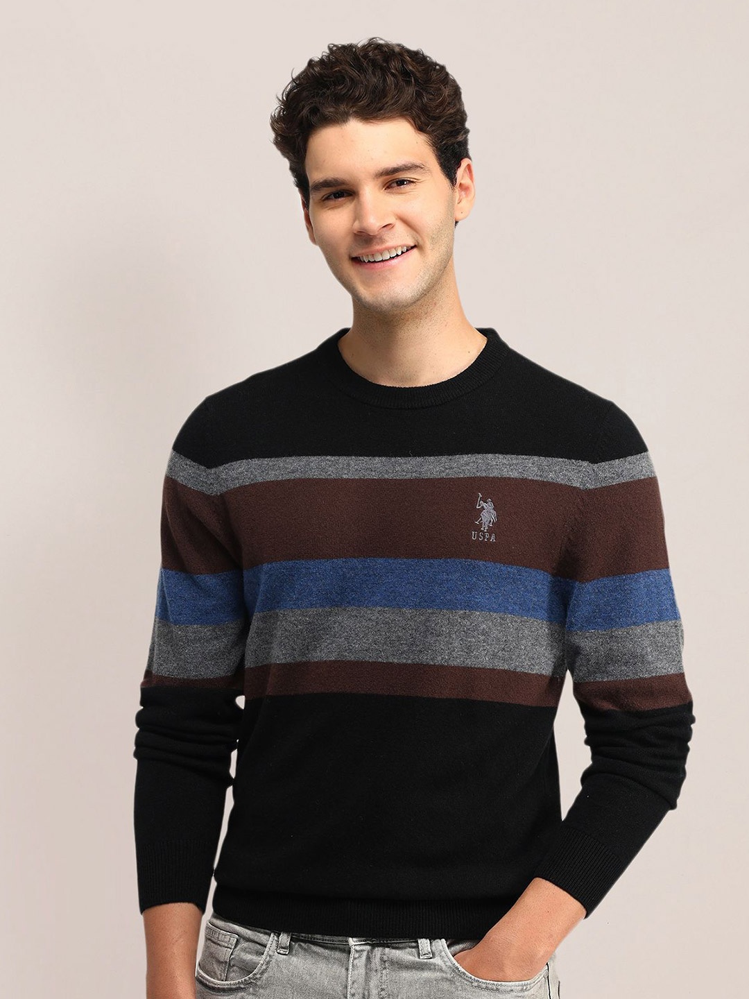 

U.S. Polo Assn. Men Striped Woollen Pullover, Grey