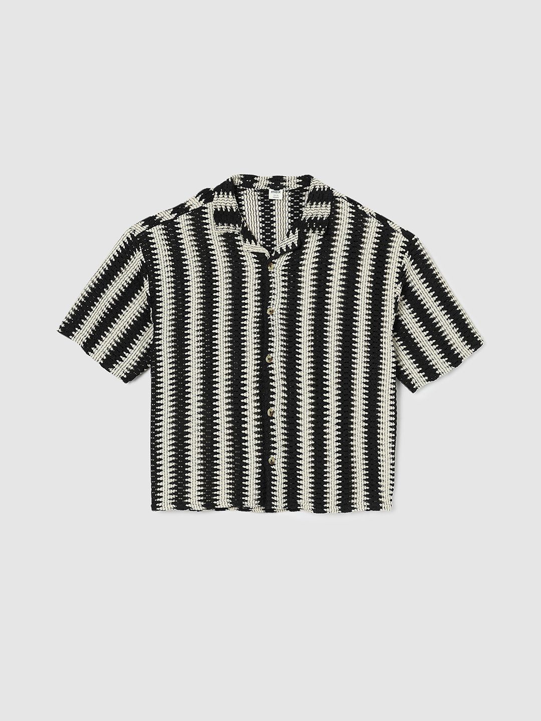 

max Boys Cuban Collar Vertical Striped Cotton Casual Shirt, Black