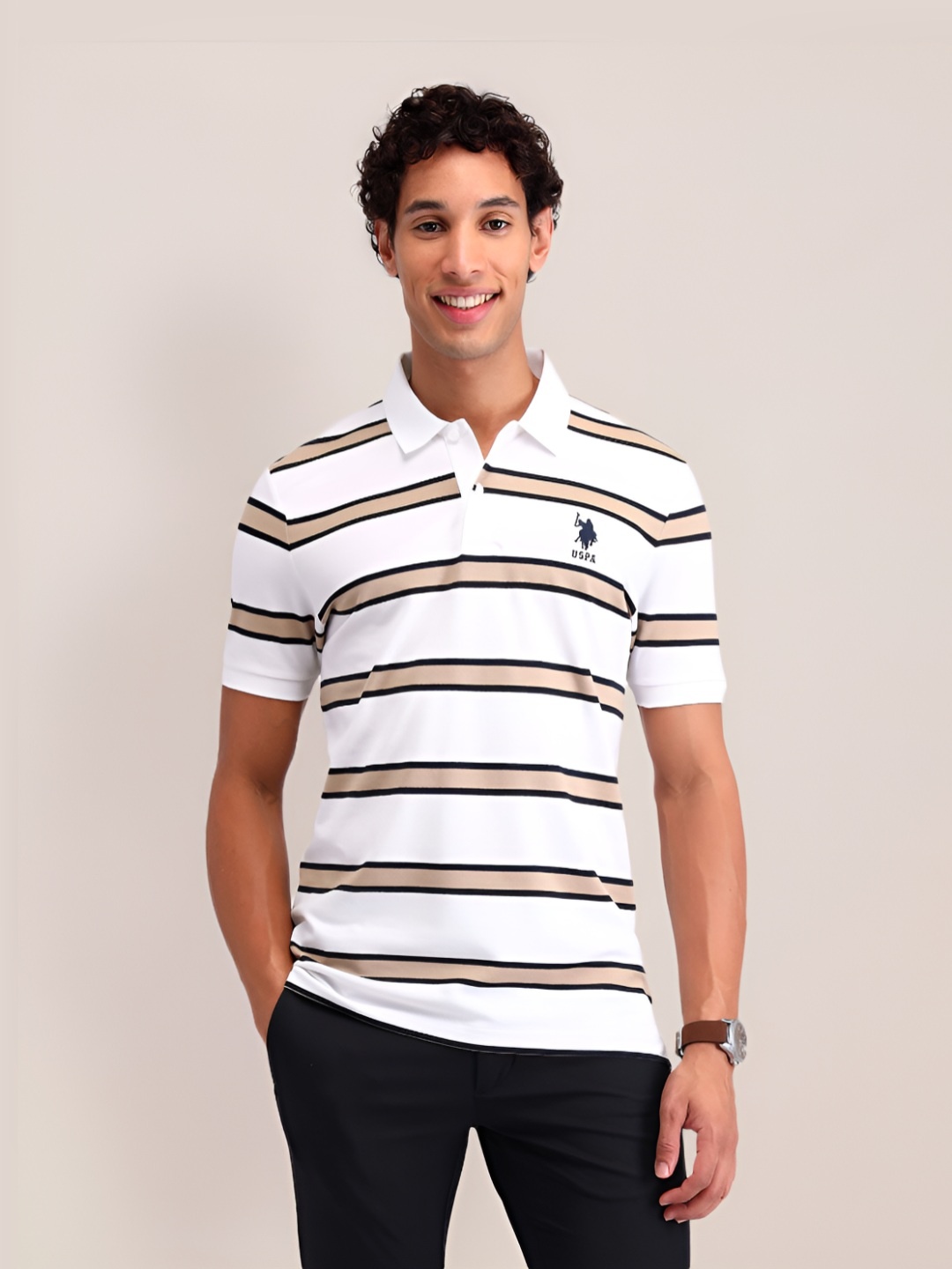 

U.S. Polo Assn. Men Brand Logo Striped Polo Collar Pockets Slim Fit T-shirt, White