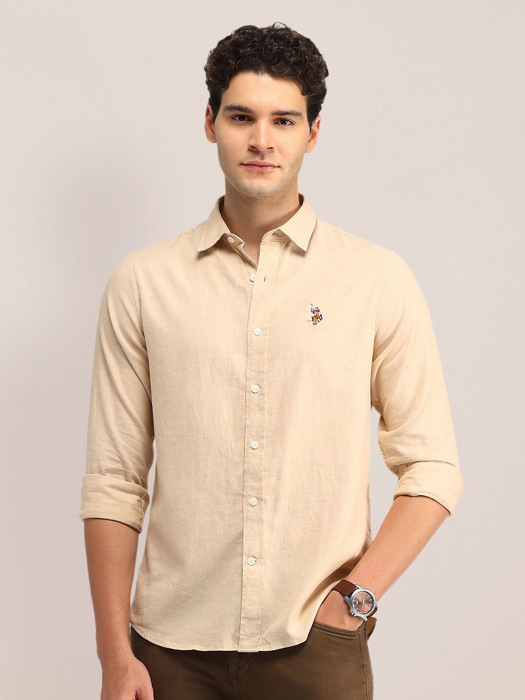 

U.S. Polo Assn. Men Slim Fit Opaque Casual Shirt, Beige