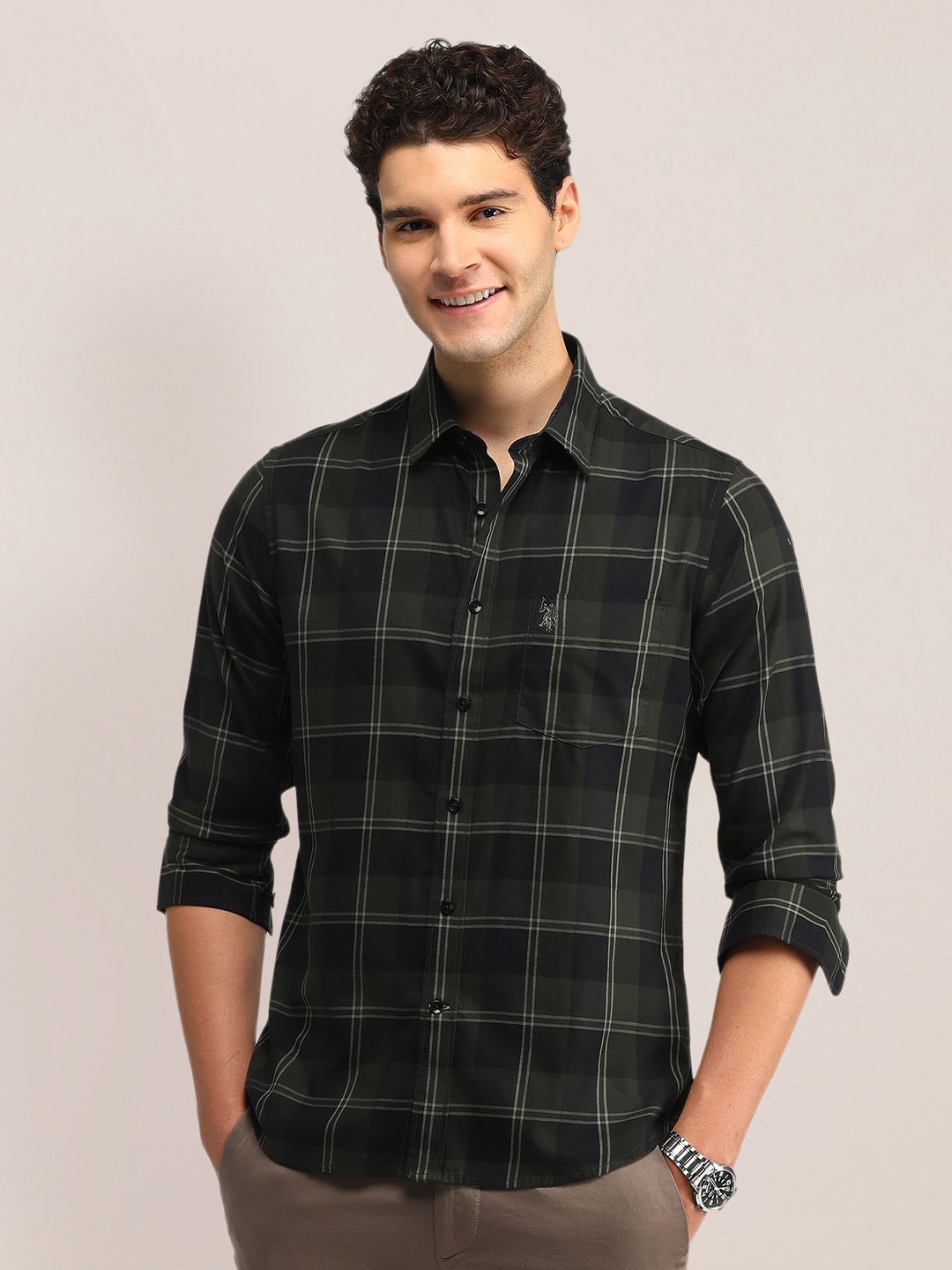 

U.S. Polo Assn. Men Slim Fit Opaque Checked Casual Shirt, Green