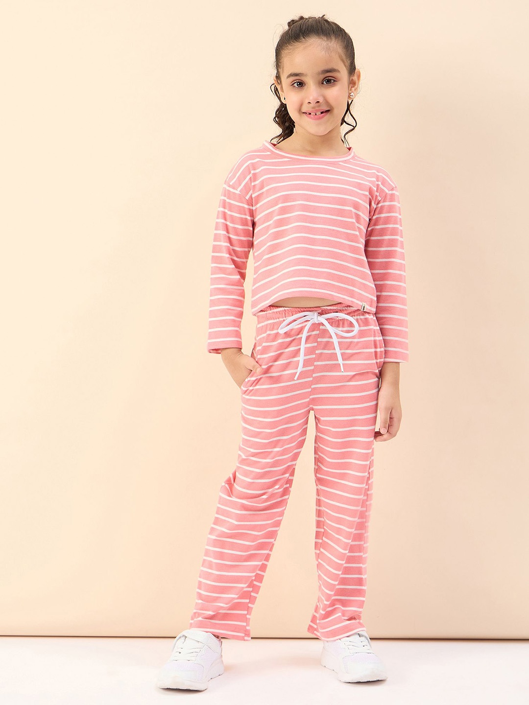 

Stylo Bug Girls Striped Pure Cotton T-shirt with Trouser, Pink