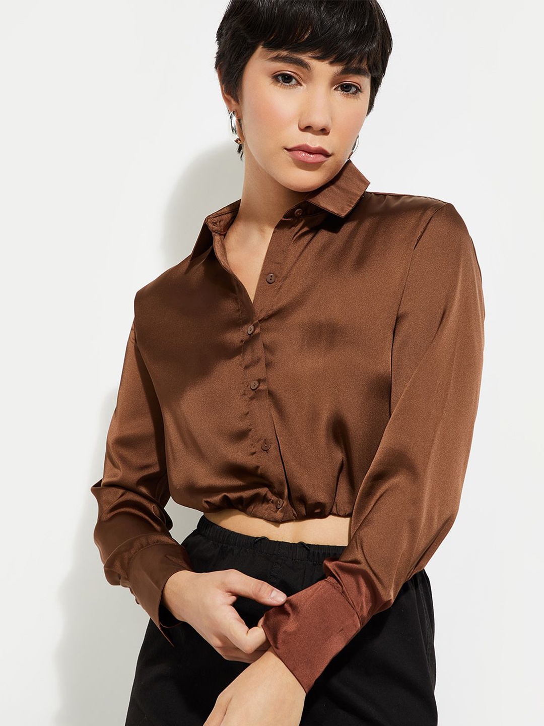 

Max ALAYA F x URB_N Women Satin Crop Shirt, Brown