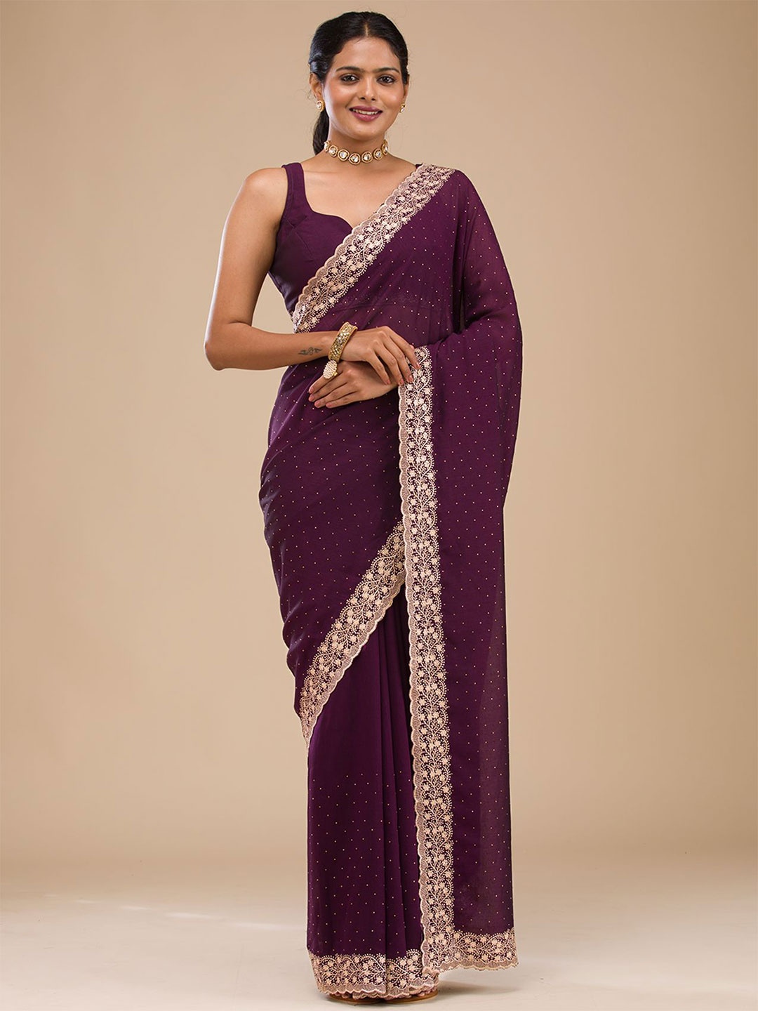 

Koskii Floral Zari Embroidered Saree With Blouse Piece, Purple