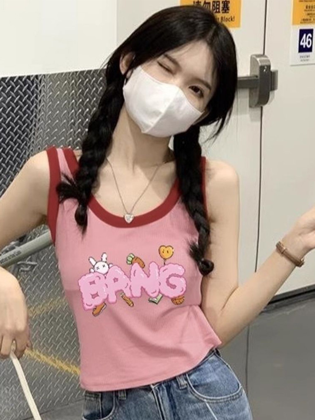 

KPOP Women Print Scoop Neck Sleeveless Crop Top, Pink