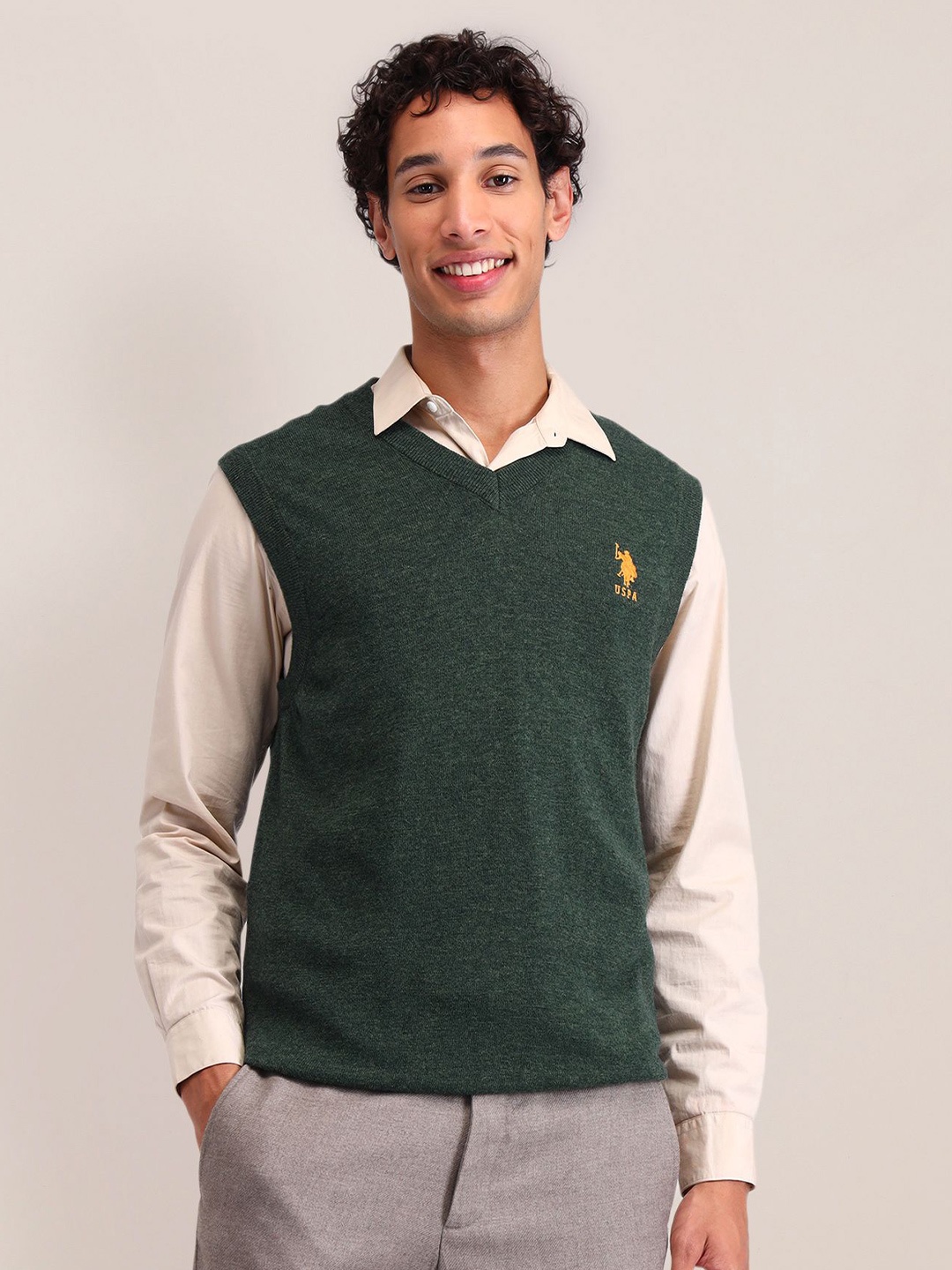 

U.S. Polo Assn. Men Self Design Woollen Sweater Vest, Olive