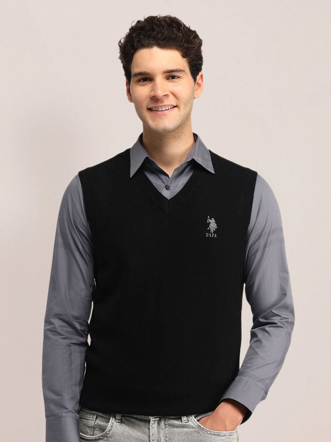 

U.S. Polo Assn. Men V-Neck Woollen Sweater Vest, Black