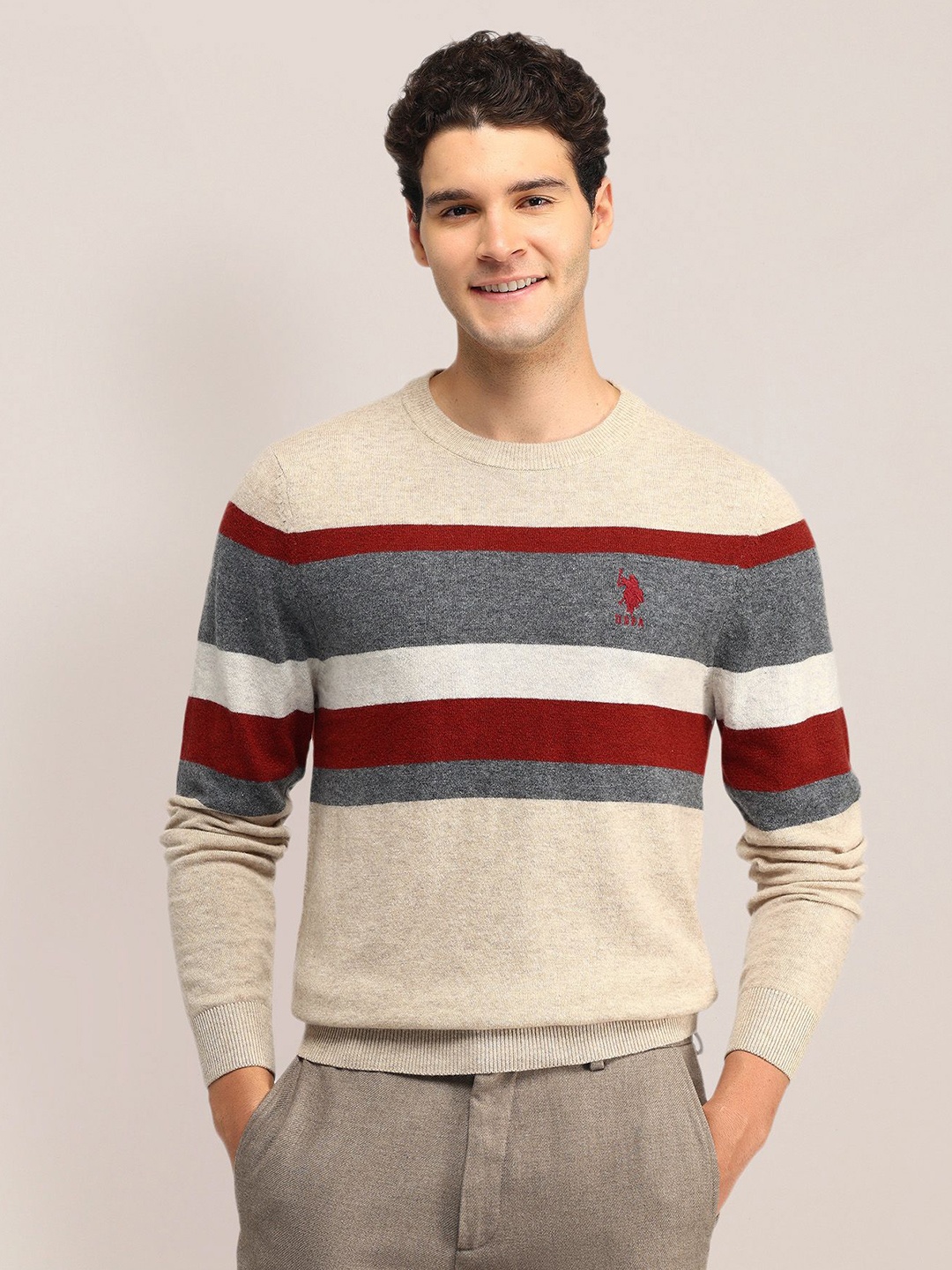 

U.S. Polo Assn. Men Striped Woollen Pullover, Beige