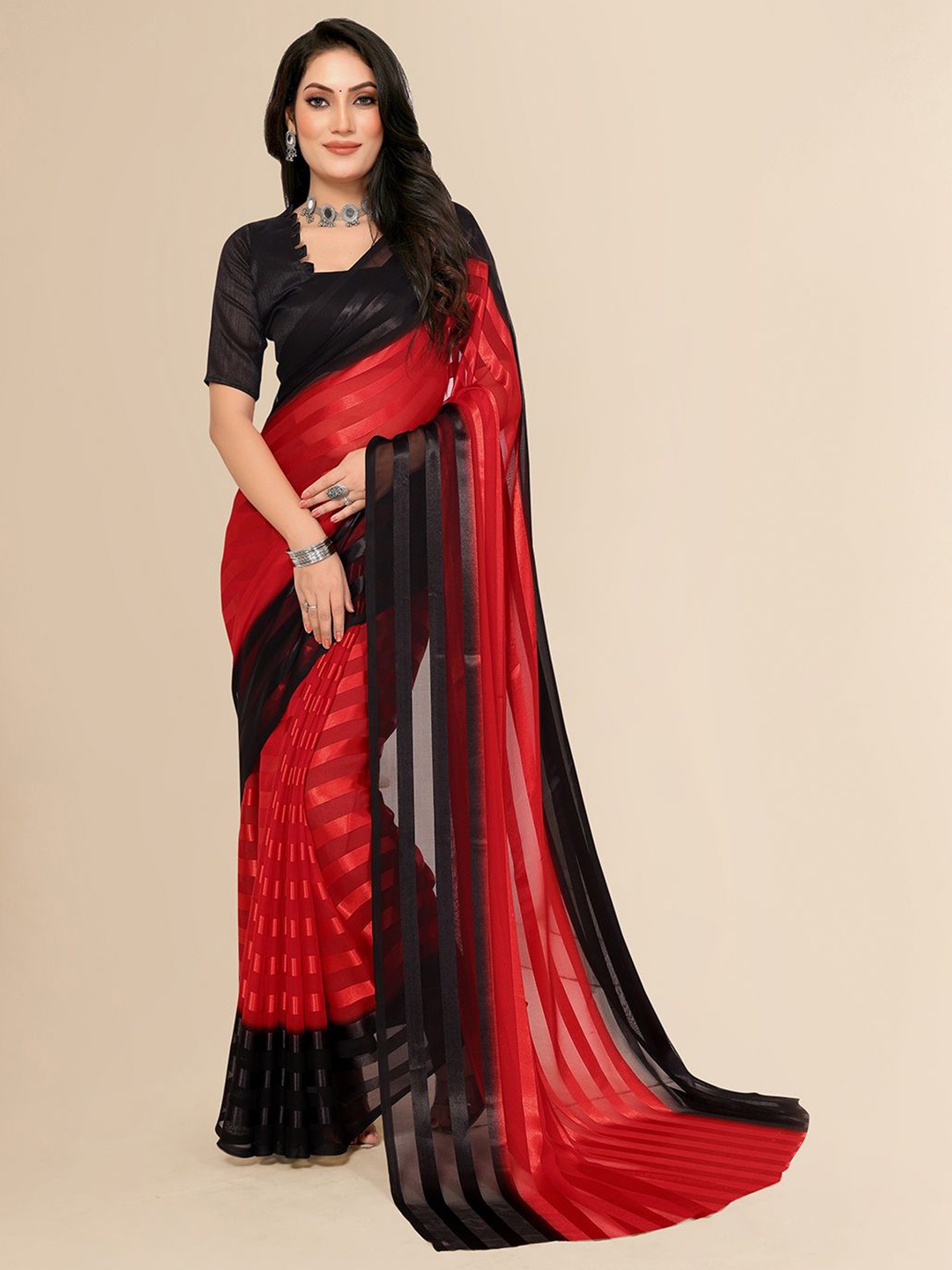 

Moda Rapido Striped Saree With Blouse Piece, Red