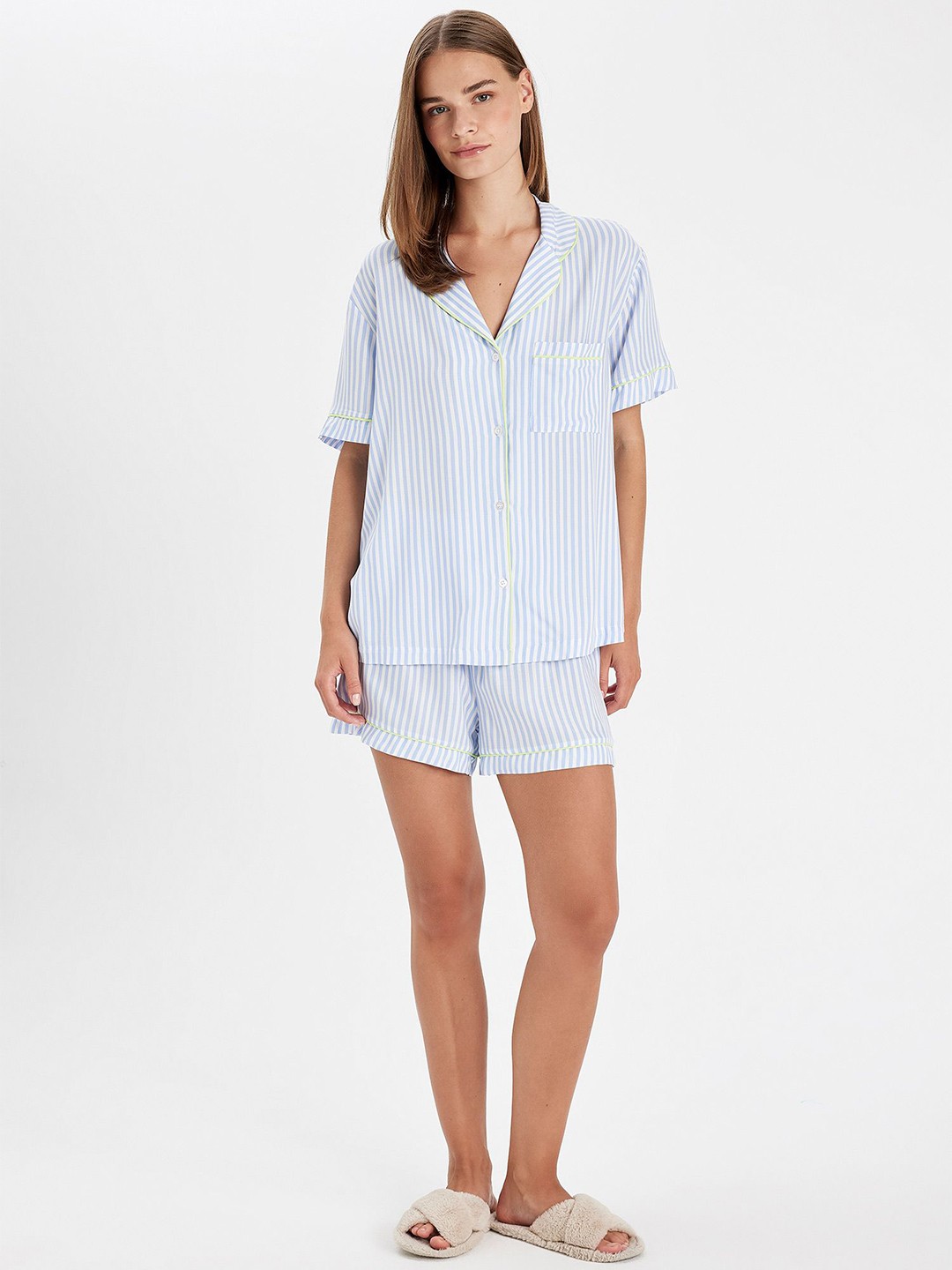

DeFacto Striped Shirt With Shorts Nightsuit, Blue