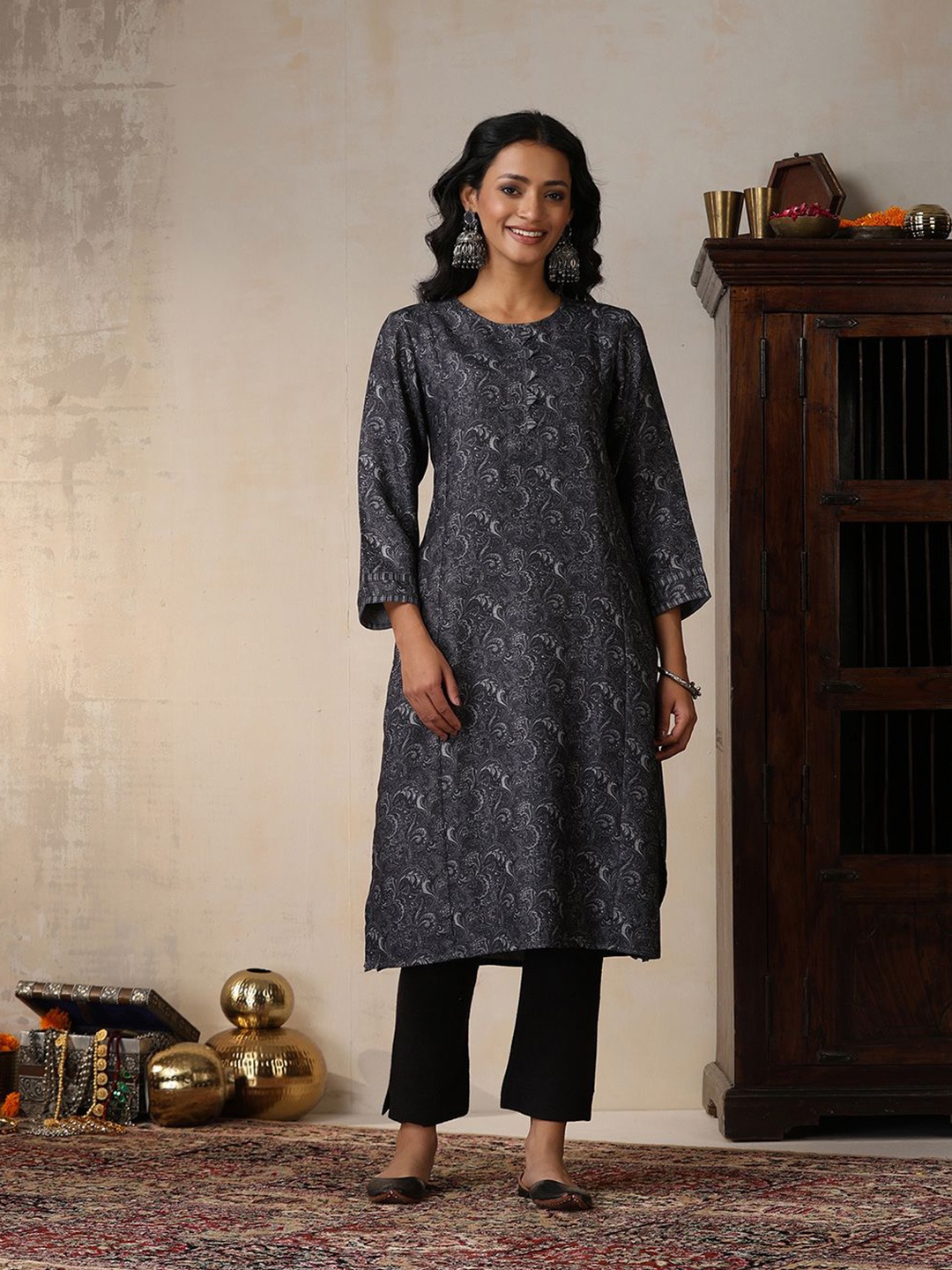 

House of Chikankari HOC Crafts Handblock Print Floral Kurti, Grey